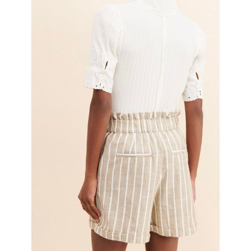 ICHI Sz M Striped Paperbag Shorts Beige White Linen Look Coastal Anthropologie - Picture 3 of 10